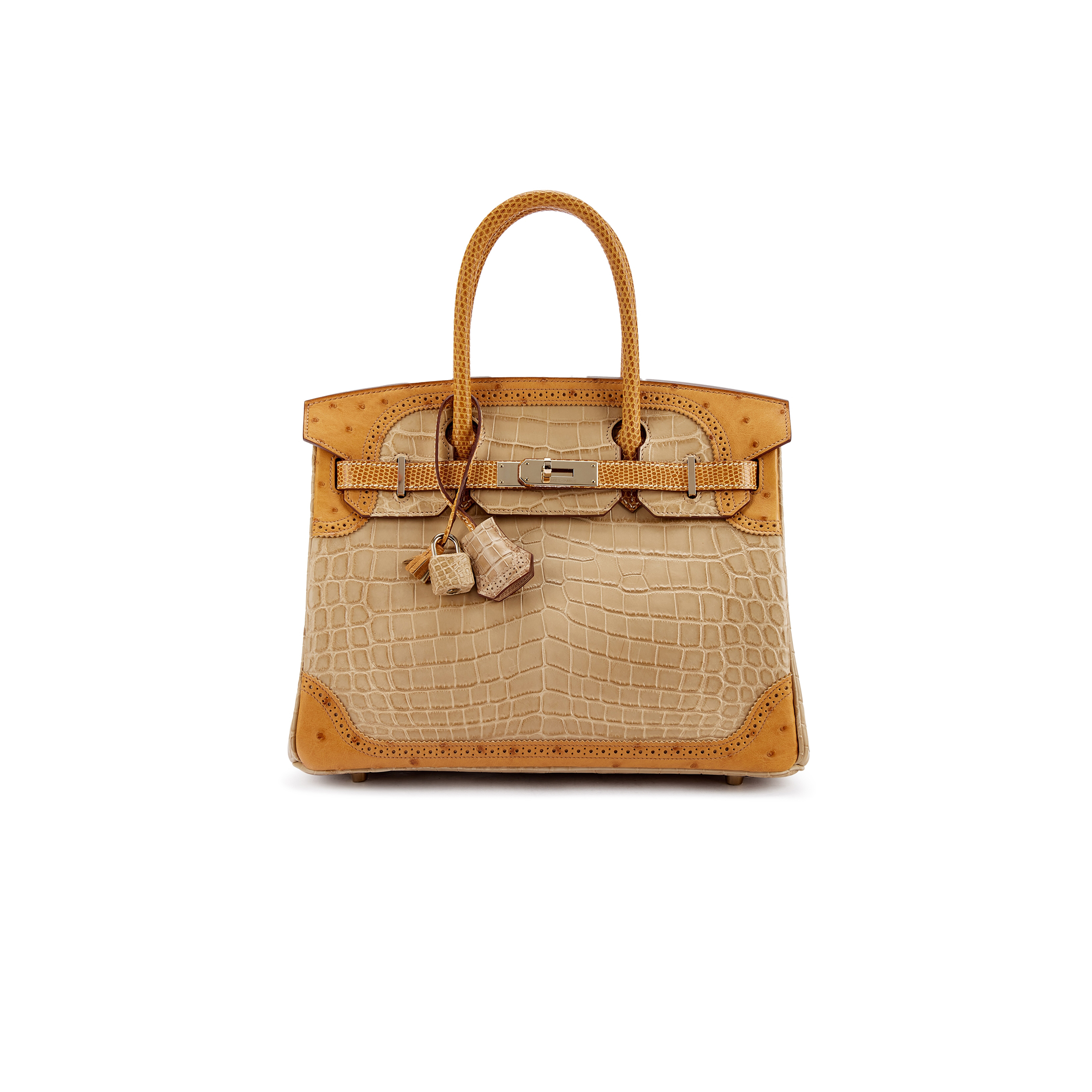 H**mes MASTER LIMITED EDITION POUSSIÈRE MATTE NILOTICUS CROCODILE TABAC CAMEL OSTRICH AND SESAME LIZARD GRAND MARIAGE BIRKIN 30 PERMABRASS HARDWARE (30*22*16cm)